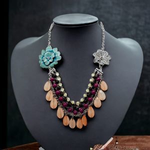 Statement Necklace Chunky Flower Fringe Wood Faux Pearl Bead Rhinestone Teardrop